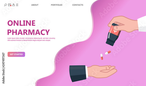Doctor giving pills patient concept. Pharmacist Holding a bottle of medicine in hands. Healthcare concept. Take painkillers drugs. Vector illustration flat style design