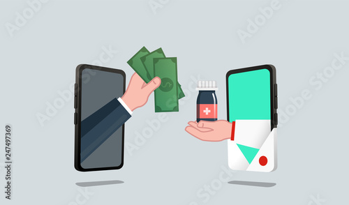 Buy drugs from doctors, online drugstore medicine concept. Hand transfers cash to pay for purchases in the online store. The doctor's hand passes the bottle into the medication to the buyer patient.
