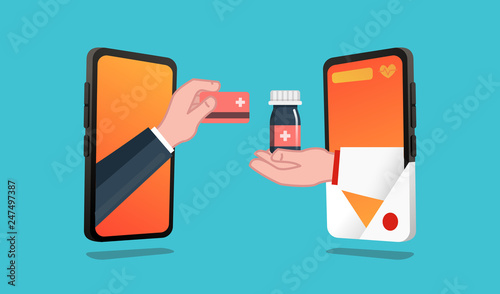 Drugstore online. Hand of a person buying the pills online with the smartphone. Healthcare online pharmacy concept.  Doctor or pharmacist's hand holding a medicinebottle of pills to patient - vector