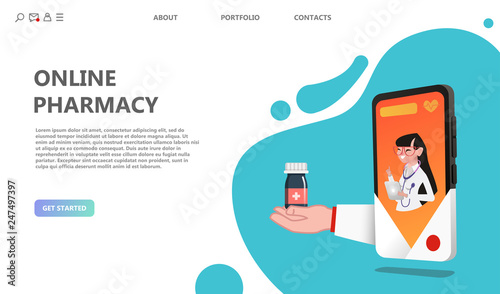 Online drugstore healthcare pharmacy concept. Internet drugstore. Medical diagnosis in hospital. Woman doctor online landing page. Illustration of web doctor and healthcare app on smartphone - Vector