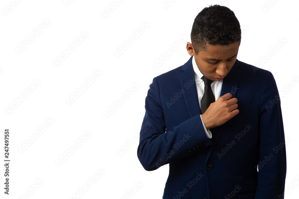 Hispanic Teenager Boy Well Dressed Isolated on White Background Fixing His Suit Hispanic Teenager Boy Well Dressed Isolated on White Background Fixing His Suit
