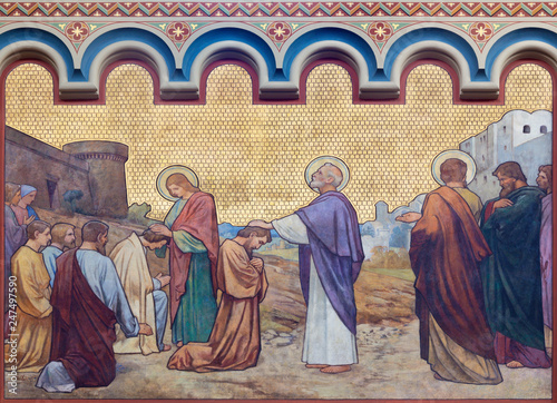 Canvas Print PRAGUE, CZECH REPUBLIC - OCTOBER 17, 2018: The fresco Apostles Peter and John heal in Jerusalem in the church kostel Svatého Cyrila Metodeje by  S