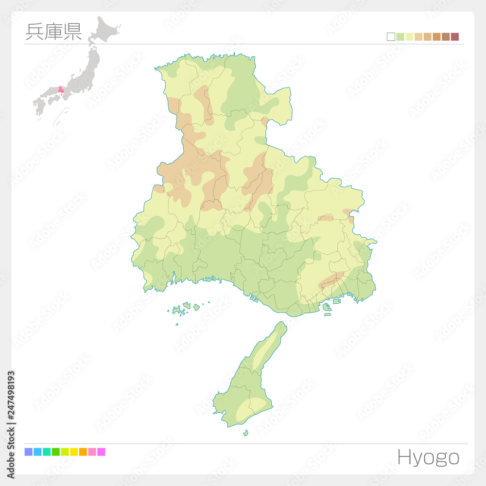 兵庫県の地図（等高線・色分け）