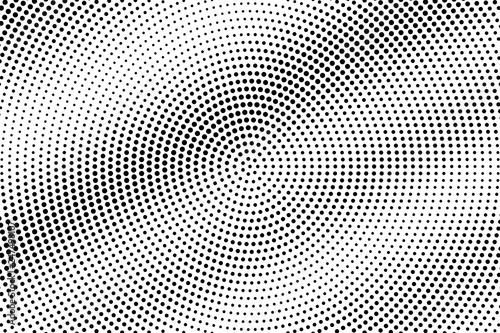 Black on white halftone vector texture. Rough perforated surface. Centered dotwork gradient for vintage effect.
