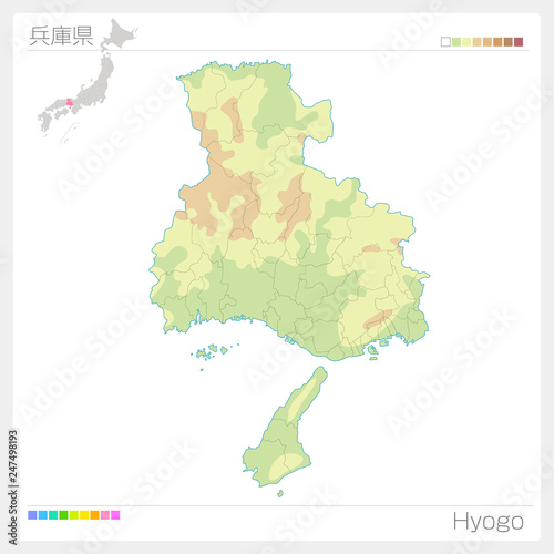 兵庫県の地図（等高線・色分け）