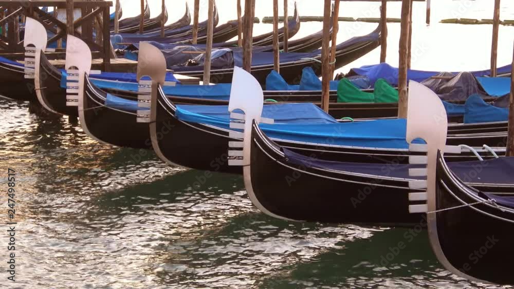 Noses moored gondolas close-up early in the morning. Venice, Italy
