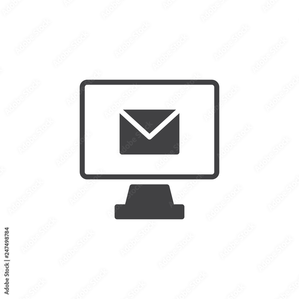Monitor with email vector icon. filled flat sign for mobile concept and web design. Desktop computer with envelope simple solid icon. Symbol, logo illustration. Pixel perfect vector graphics Monitor with email vector icon. filled flat sign for mobile concept and web design. Desktop computer with envelope simple solid icon. Symbol, logo illustration. Pixel perfect vector graphics