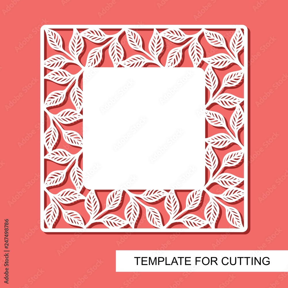 Openwork frame with leaves. Elegant floral ornament. Copy space for text. White object on a pink background. Template for laser cutting, wood carving, paper cut or printing. Vector illustration.