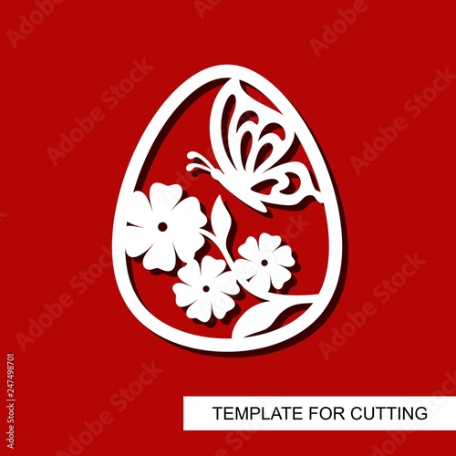 Decorative element - Easter Egg with floral ornament and butterfly. White object on red background. Template for laser cutting, wood carving, paper cut and printing. Vector illustration.