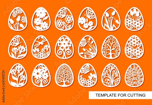 Set of decorative elements - Easter Eggs with floral ornament and butterflies. White objects on orange background. Template for laser cutting, wood carving, paper cut and printing. Vector illustration