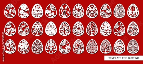 Big set of decorative elements - Easter Eggs with floral ornament. White objects on red background. Template for laser cutting, wood carving, paper cut and printing. Vector illustration.