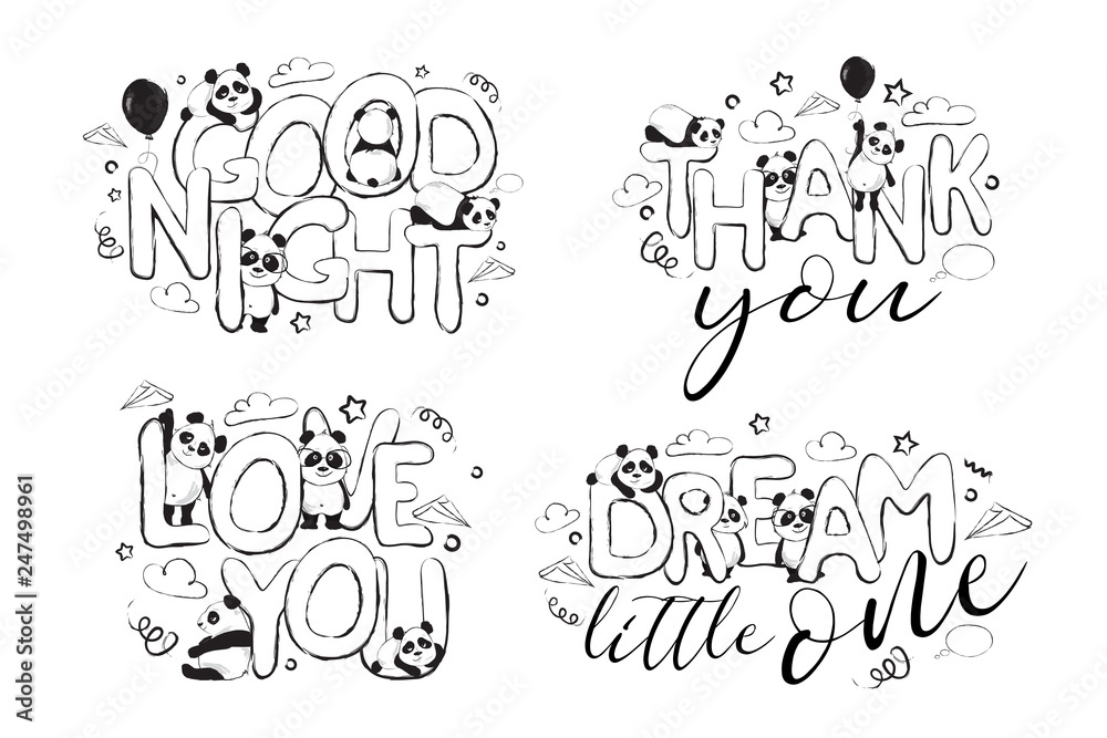 Greeting card set design with cute panda bears and quotes 