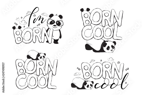 Fototapeta Naklejka Na Ścianę i Meble -  Greeting card set design with cute panda bears and quotes 