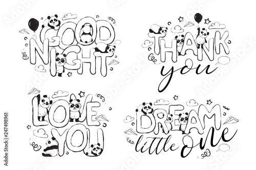 Greeting card set design with cute panda bears and quotes 