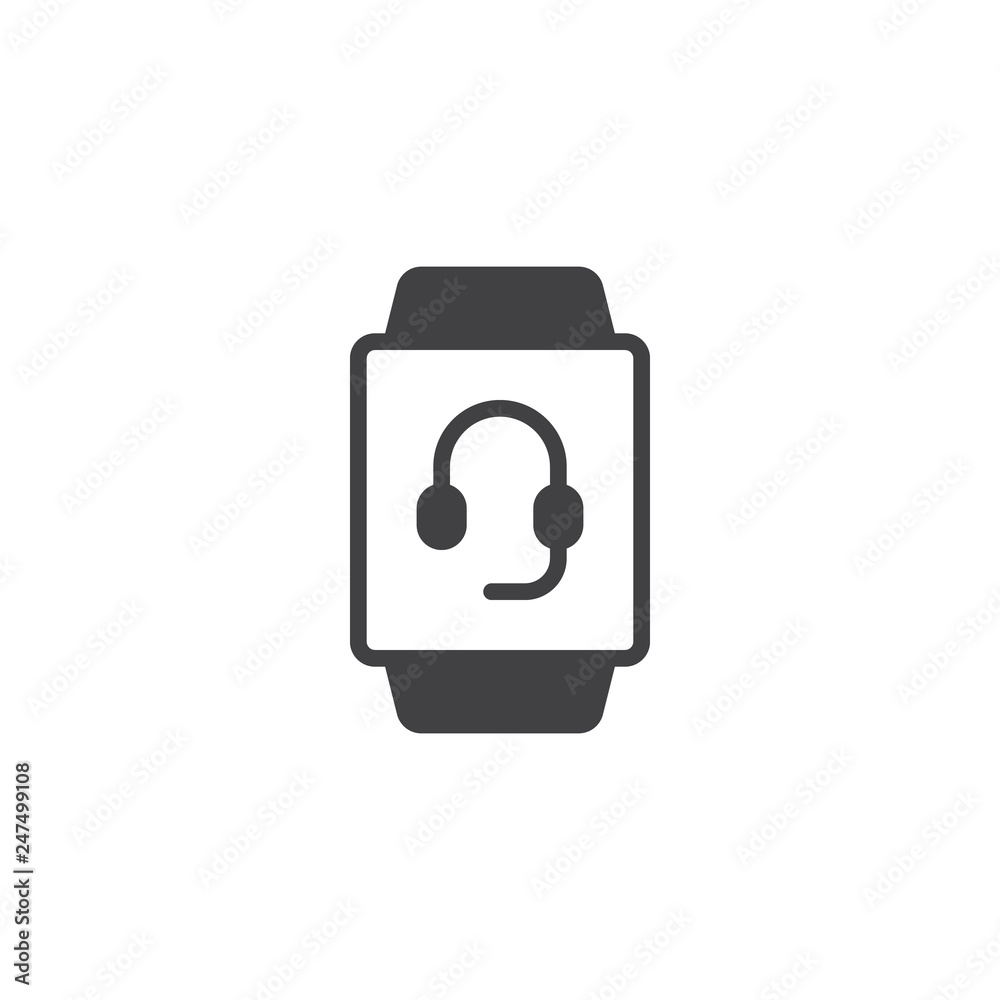 Smartwatch call service vector icon. filled flat sign for mobile concept and web design. Smart watch screen with headset simple solid icon. Symbol, logo illustration. Pixel perfect vector graphics Smartwatch call service vector icon. filled flat sign for mobile concept and web design. Smart watch screen with headset simple solid icon. Symbol, logo illustration. Pixel perfect vector graphics