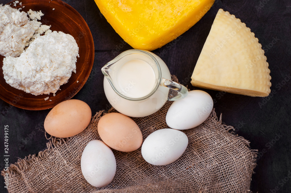 Farm dairy products on table. Top view. Farm dairy products on table. Top view.