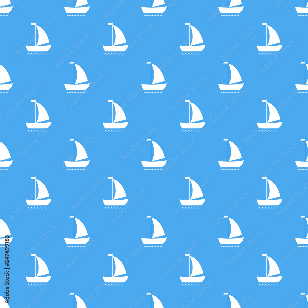 Fototapeta premium Vector seamless pattern with cartoon white ships on blue background.