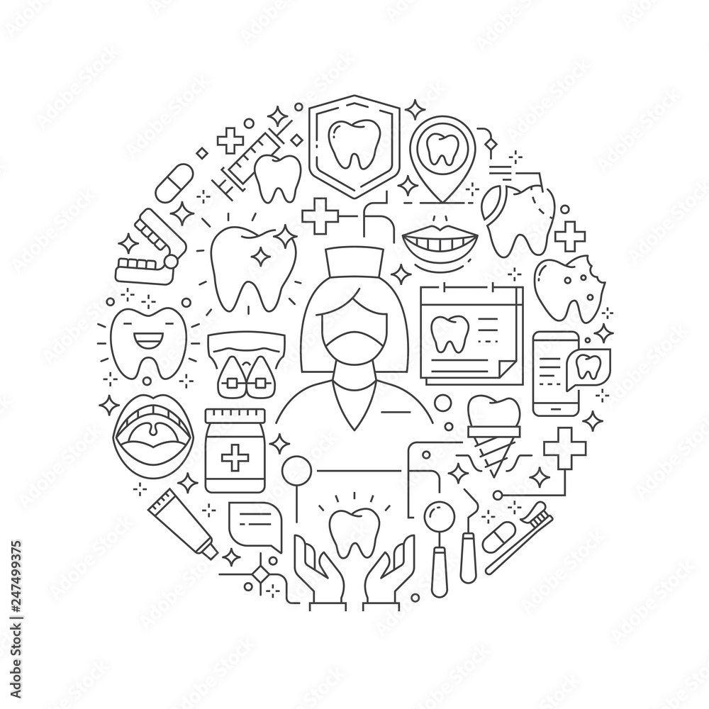 Dental care concept in thin flat illustration. Dentistry line icons in round shape isolated vector illustration. Round design element with dental care icons - Vector