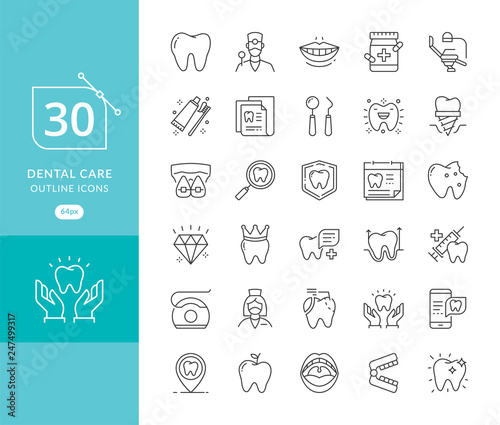 Vector dental medicine thin line icons. Modern thin line icons of dental care and dentist services. Dental care equipment, braces, tooth prosthesis, veneers, floss, caries treatment and more
