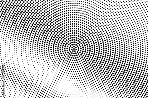 Black on white halftone vector texture. Rough perforated surface. Centered dotwork gradient for vintage effect.