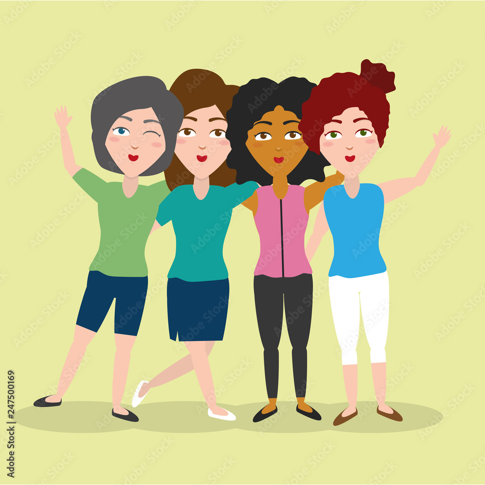 Obraz premium group women hugging friends characters