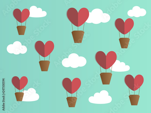 Red heart balloon float in the air near white cute cloud look so sweet romance on pastel green mint color or blue sky background. Paper cut art vector in love theme for Valentine day card or wallpaper