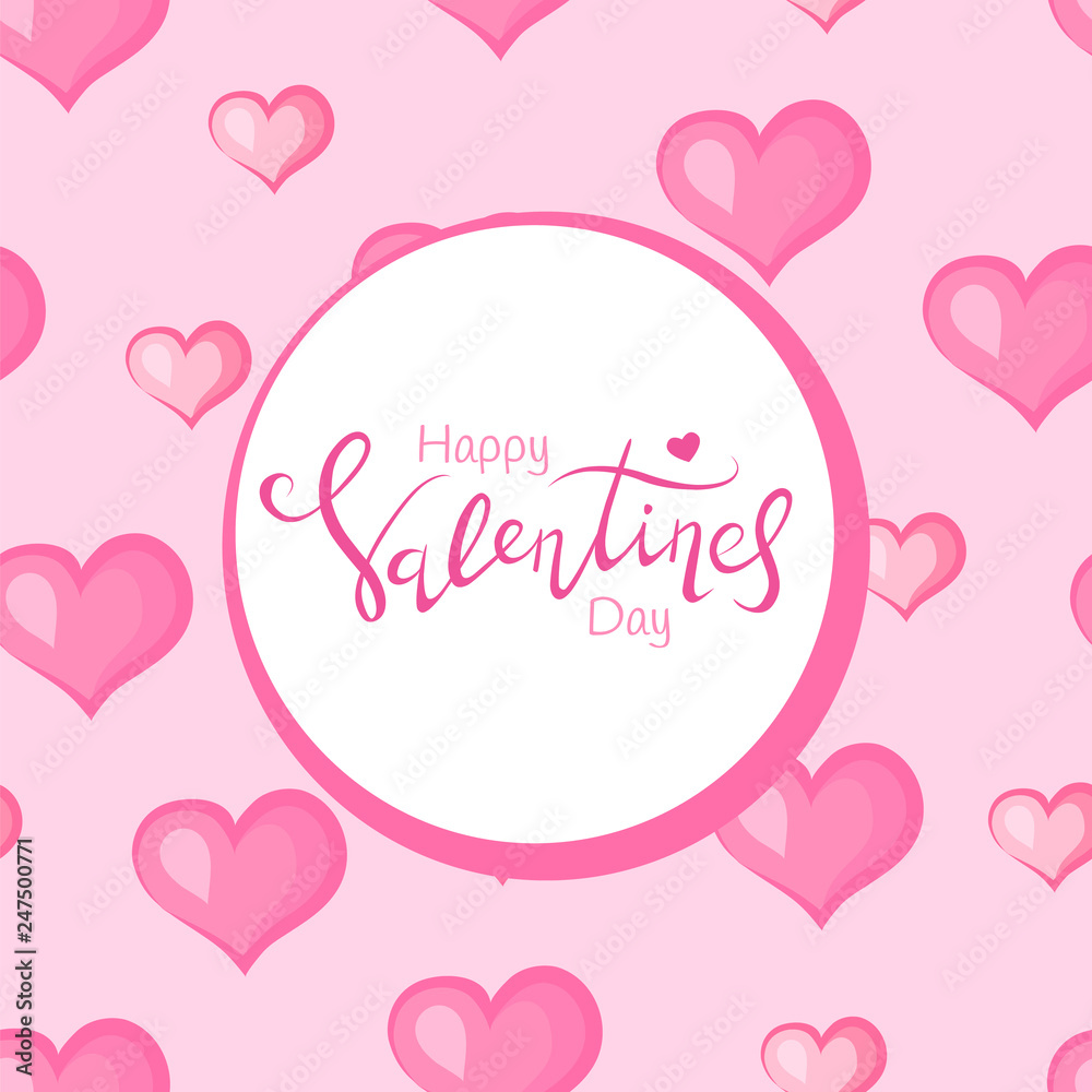 Happy Valentine's day greeting card. Text in a round frame with hearts. Vector illustration.