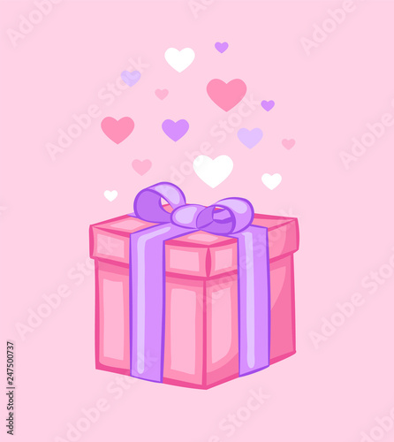 Pink gift box with bow. Valentine's day gift. Vector illustration.