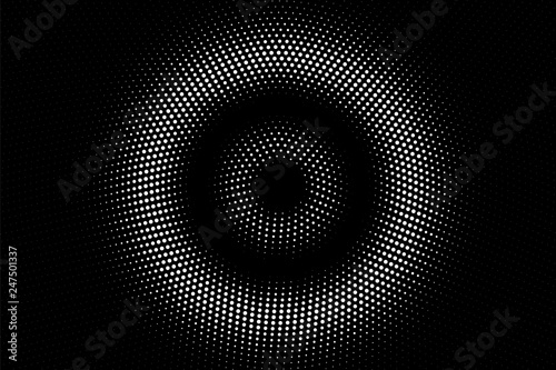 White dots on black background. Dark halftone vector texture. Round dotwork gradient.