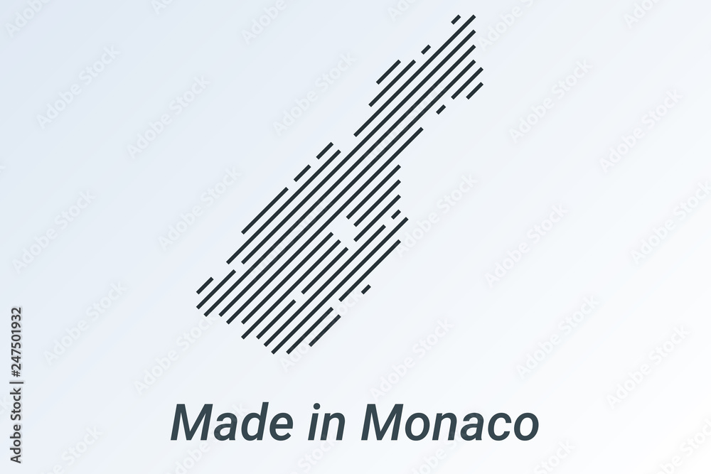 Made in Monaco, striped map in a black strip on a silver background