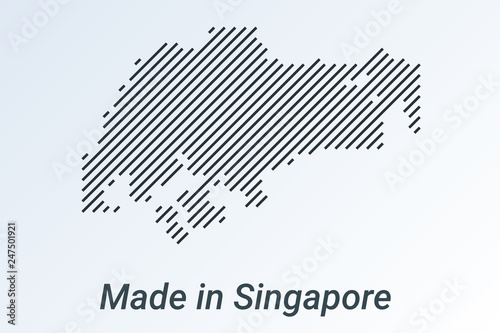 Made in Singapore, striped map in a black strip on a silver background