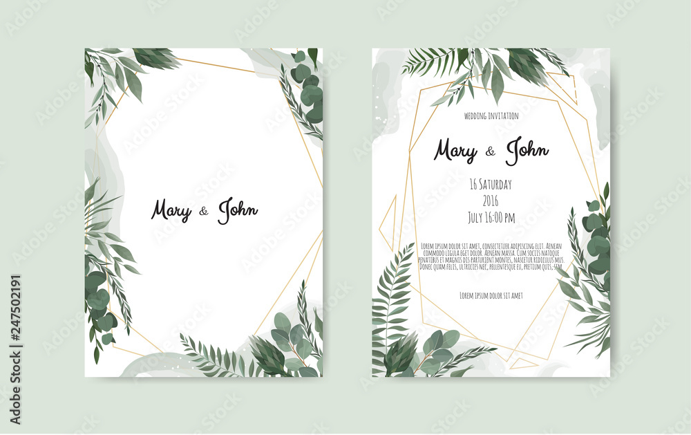 Botanical wedding invitation card template design, white and pink flowers on white background.