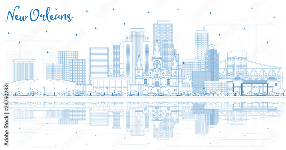 Outline New Orleans Louisiana City Skyline with Blue Buildings and Reflections.