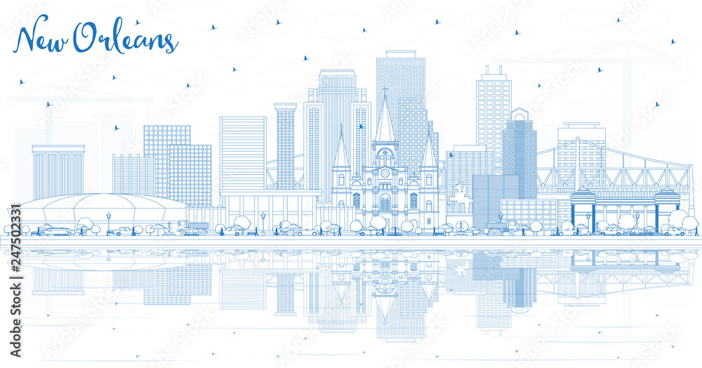 Outline New Orleans Louisiana City Skyline with Blue Buildings and Reflections. Outline New Orleans Louisiana City Skyline with Blue Buildings and Reflections.