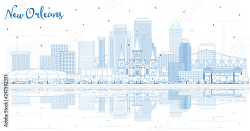 Outline New Orleans Louisiana City Skyline with Blue Buildings and Reflections.