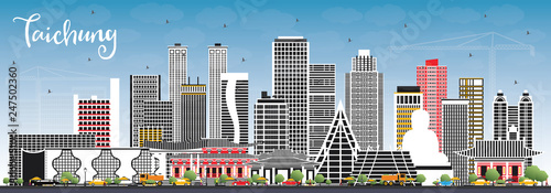 Taichung Taiwan City Skyline with Gray Buildings and Blue Sky.