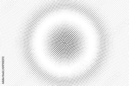 Black white halftone vector texture. Pale perforated surface. Concentrated dotwork gradient. Digital pop art background