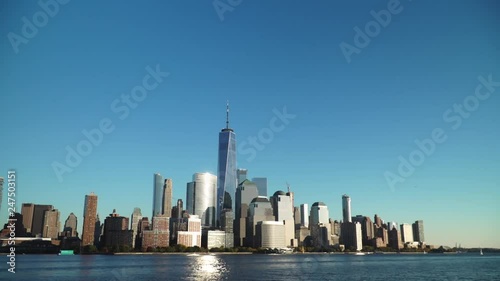 Manhattan city New York panoramic view from the boat on a sunny day.