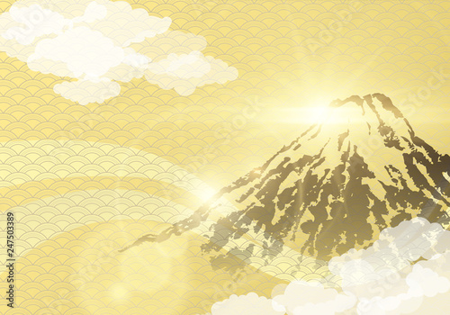 Mount Fuji with sunrise on Japanese gold wave pattern background