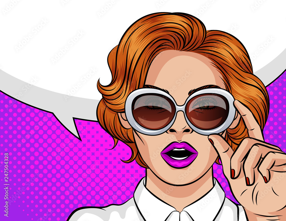 Color vector illustration in pop art style. A girl with red hair wearing  sun glasses. Business