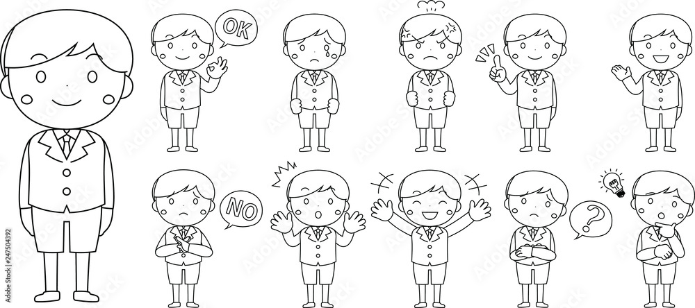 A serious male student expressing emotion outline set A serious male student expressing emotion outline set