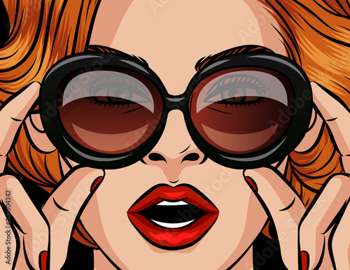 Color vector poster in pop art style. Girl with red hair in sunglasses. Lady holds glasses in the style of 60-80s. The girl with her mouth open is surprised. The woman is shocked and scared
