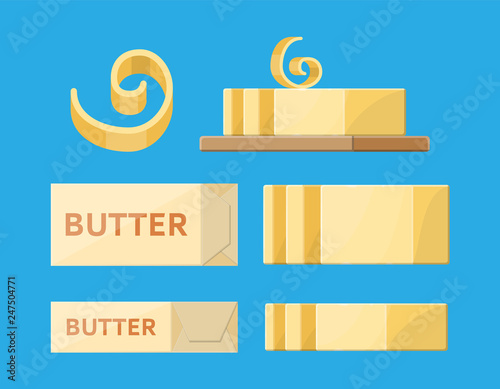 Milk butter spread in package. Creamy butter or margarine in curl, bar, slice, on wooden board. Dairy milk product. Organic healthy product. Vector illustration in flat style