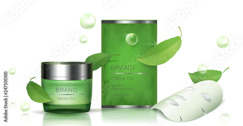 Cosmetic realistic vector set. Green glass jar with cream, sachet with facial sheet mask and green tea leaves, organic cosmetics, natural formula for skincare. Mock up for ads, magazine or catalog