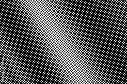 White dots on black background. Frequent bright halftone vector texture. Diagonal dotwork gradient.