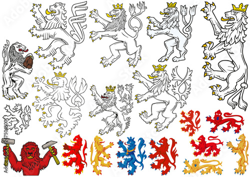 Big set of Heraldic Lions - Black and White Illustrations and Colored Illustrations, Vector