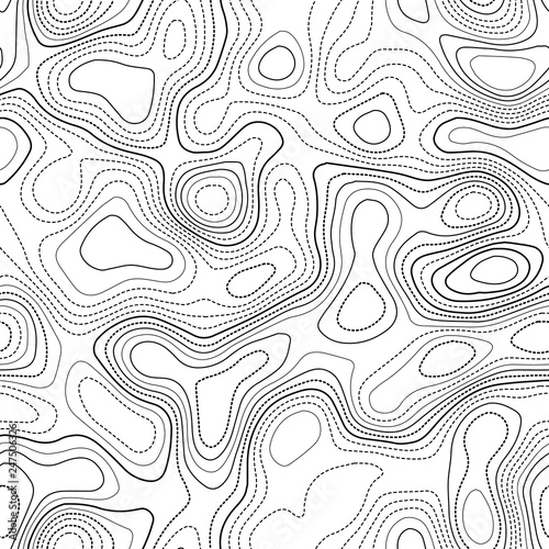 Topographic contours. Actual topography map. Black and white seamless design, favorable tileable isolines pattern. Vector illustration.