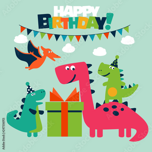 Happy birthday - lovely vector card with funny dinosaurs © cristinn