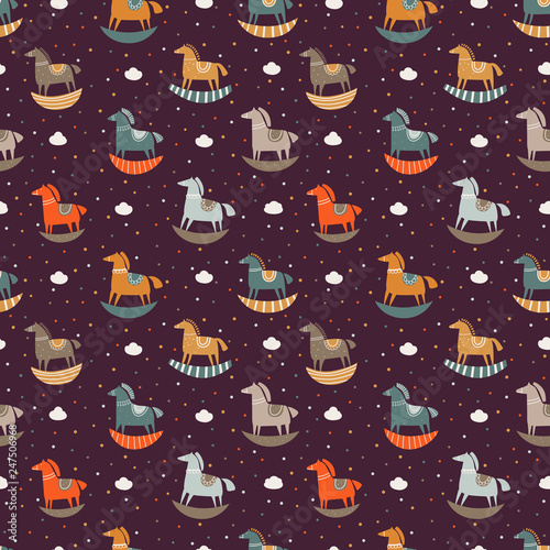 Vector seamless pattern with funny wood horse in pastel colors. Ideal for cards, invitations, wallpaper, web page backgrounds, textile industry, kindergarten, preschool and children room decoration