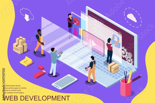 Web development design concept with character and text place. Can use for web banner, infographics, hero images. Flat isometric vector illustration